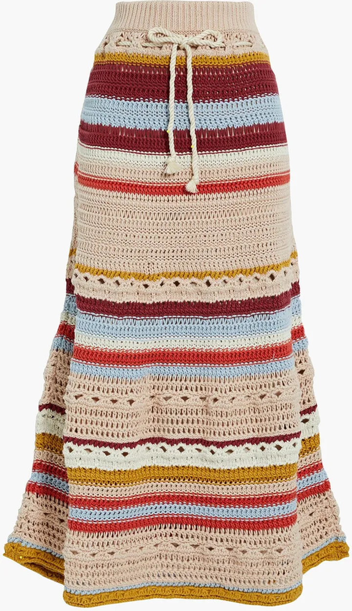 Striped crocheted cotton midi skirt