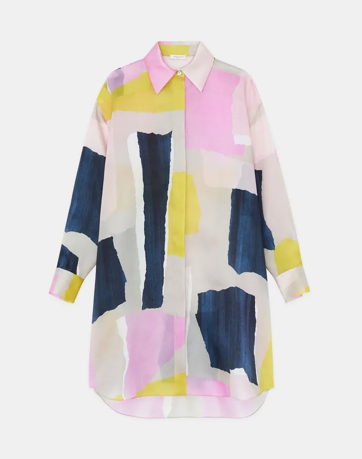 Papier Print Silk Organza Oversized Shirt