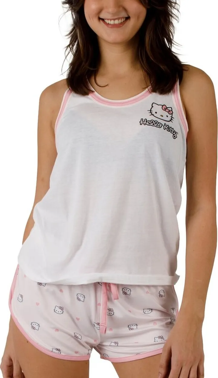 Hello Kitty Character Hearts Women’s Racer Back Tank Top & AOP Dolphin Lounge Shorts Sleepwear Set-XXL