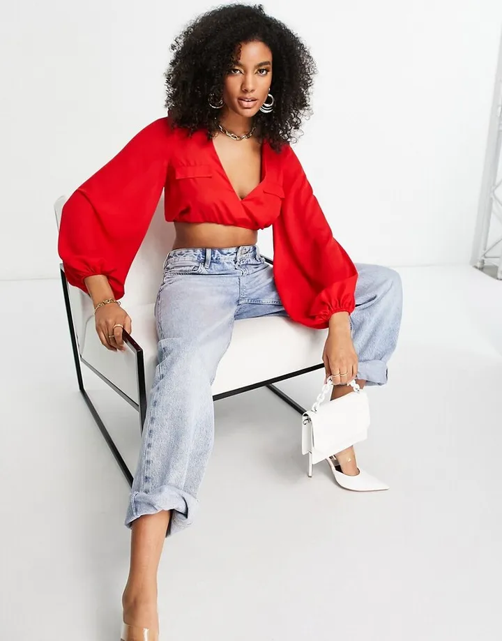ASOS DESIGN plunge front blouse with pocket detail in red