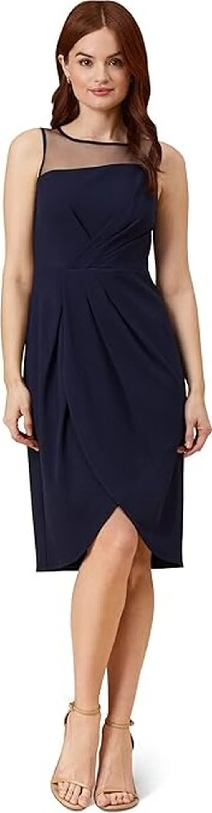 Adrianna Papell Stretch Crepe Draped Cocktail Dress with Illusion Neckline (Midnight) Women's Dress