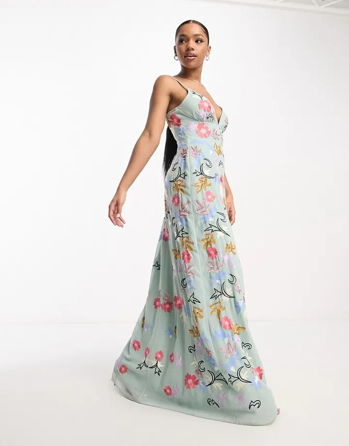 Maya cami embroidered tea dress in sage green