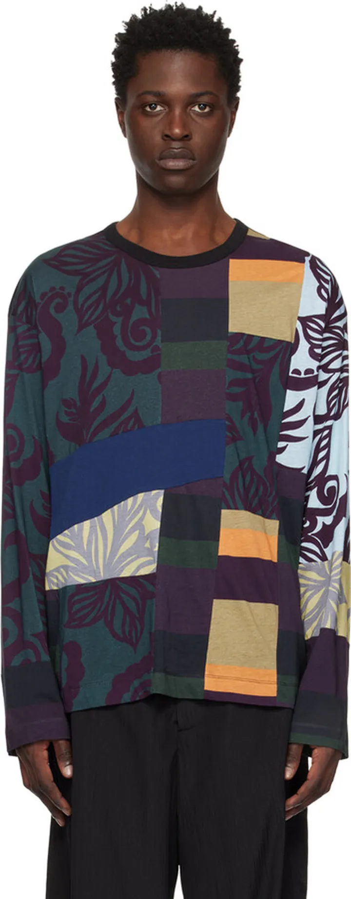 Dries Van Noten Black Patchwork Long Sleeve T-Shirt