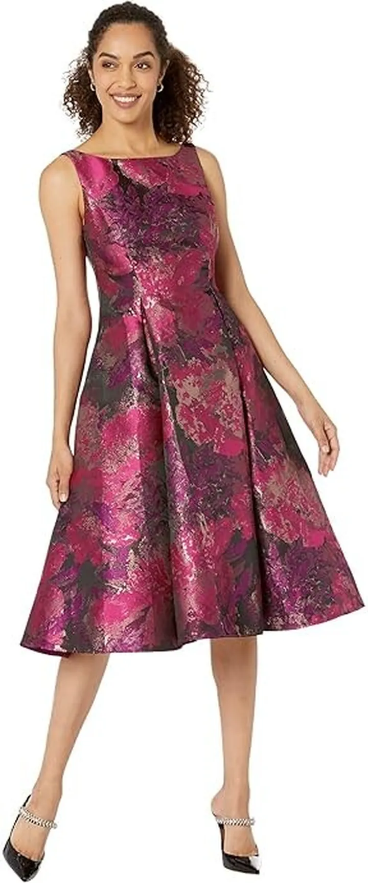 Adrianna Papell Printed Jacquard Fit-and-Flare Party Dress (Magenta Orchid Multi) Women's Dress