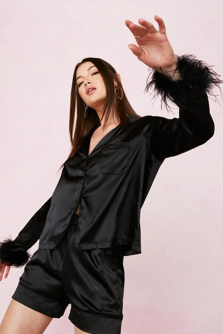 Nasty Gal Womens Satin Feather Pajama Shirt and Shorts Set