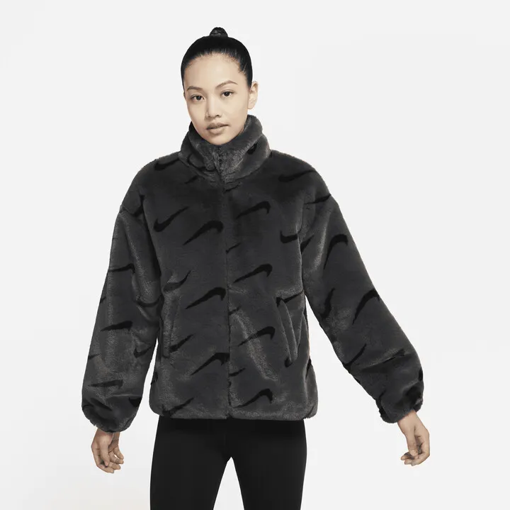 Women's Nike Sportswear Plush Printed Faux Fur Jacket in Grey