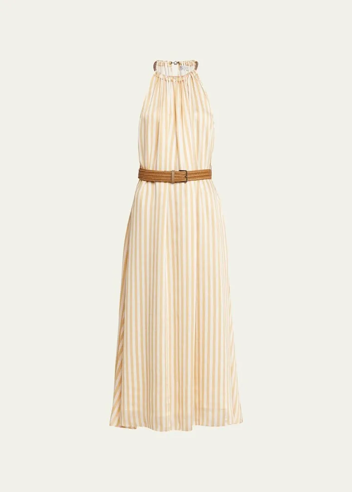 Fluid Striped Twill Dress with Monili Collar and Rafia Belt
