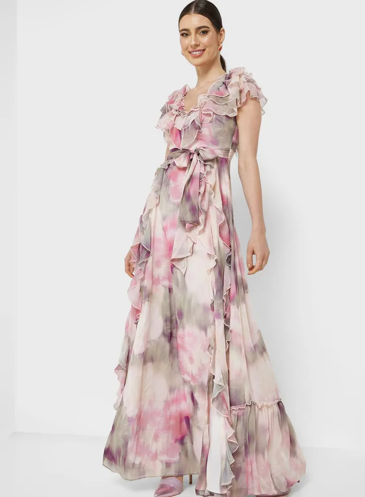 Printed Tiered Plunge Neck Dress