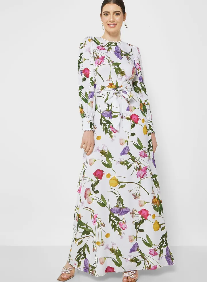 Puff Sleeve Floral Printed Dress