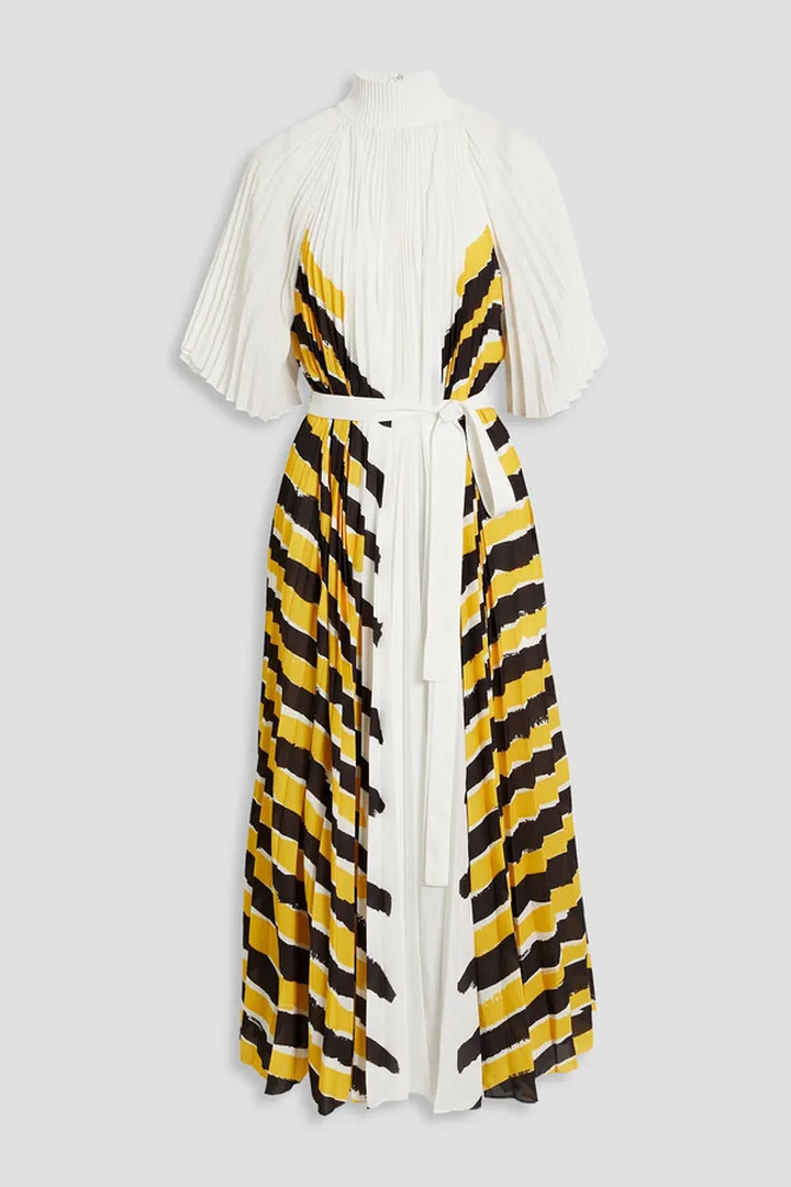 Striped plissé-crepe turtleneck maxi dress