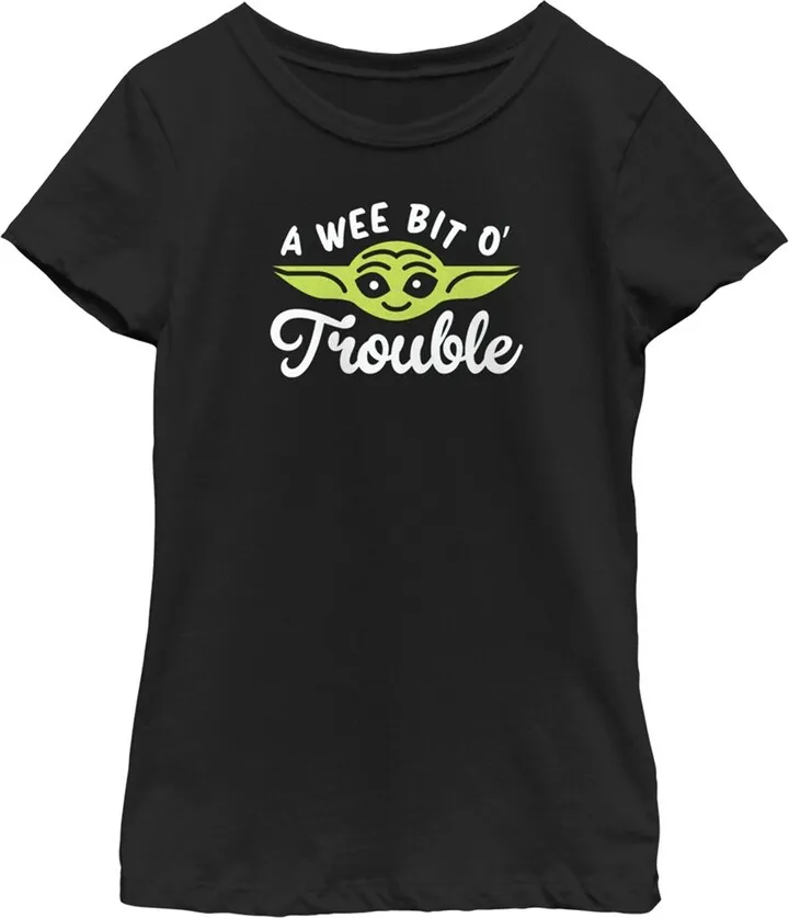 Girl's Star Wars: The Mandalorian St. Patrick's Day Grogu A Wee Bit O' Trouble T-Shirt - Black - X Small