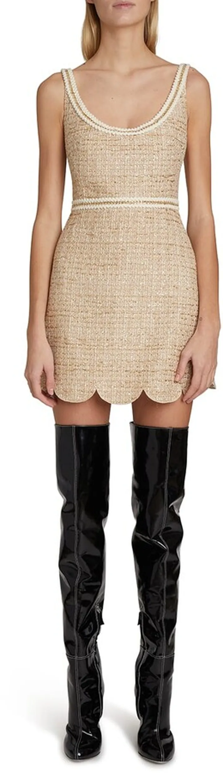Metallic Paillette Tweed Scalloped Mini Dress