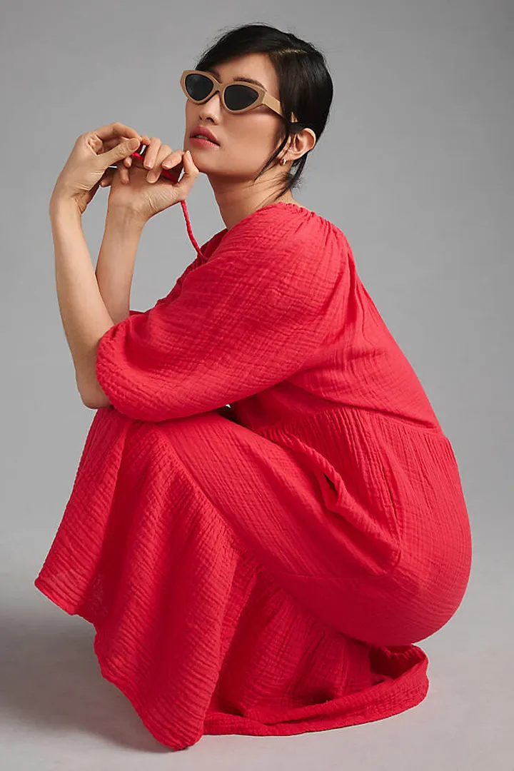 Sundry Tiered Gauze V-Neck Dress Red