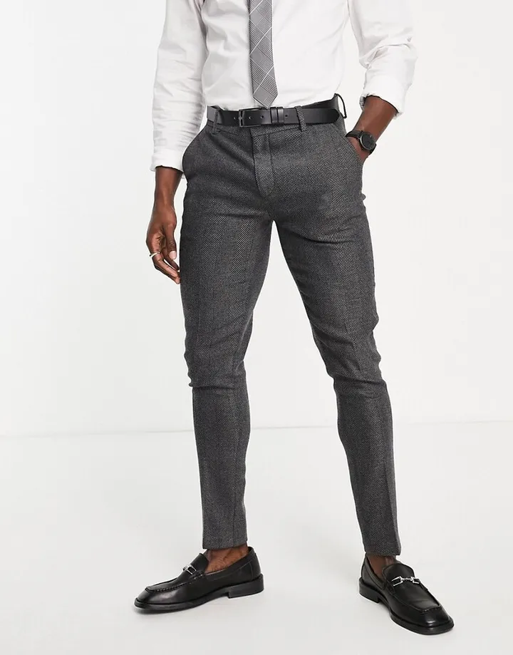 ASOS DESIGN wedding super skinny suit trousers in charcoal herringbone