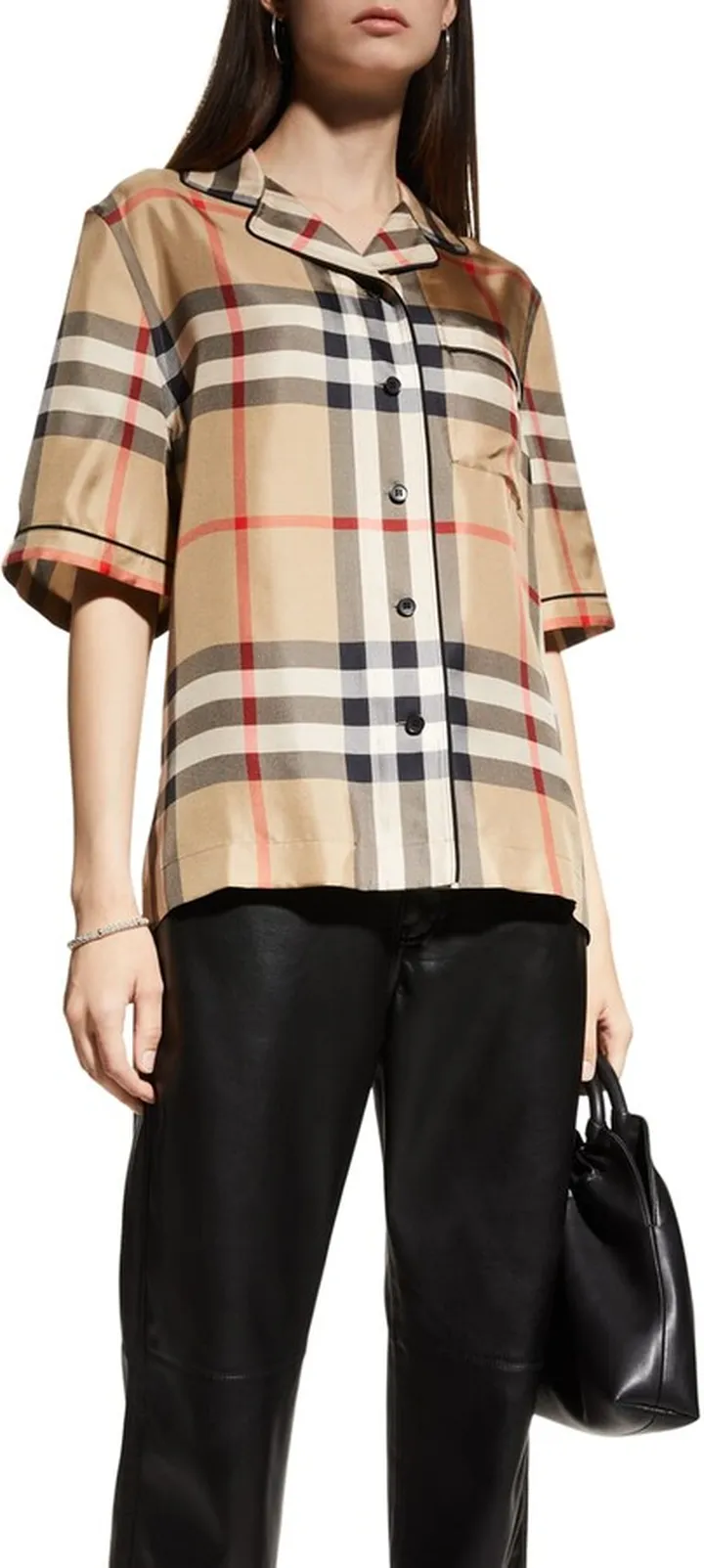 Tierney Check Mulberry Silk Pajama Shirt