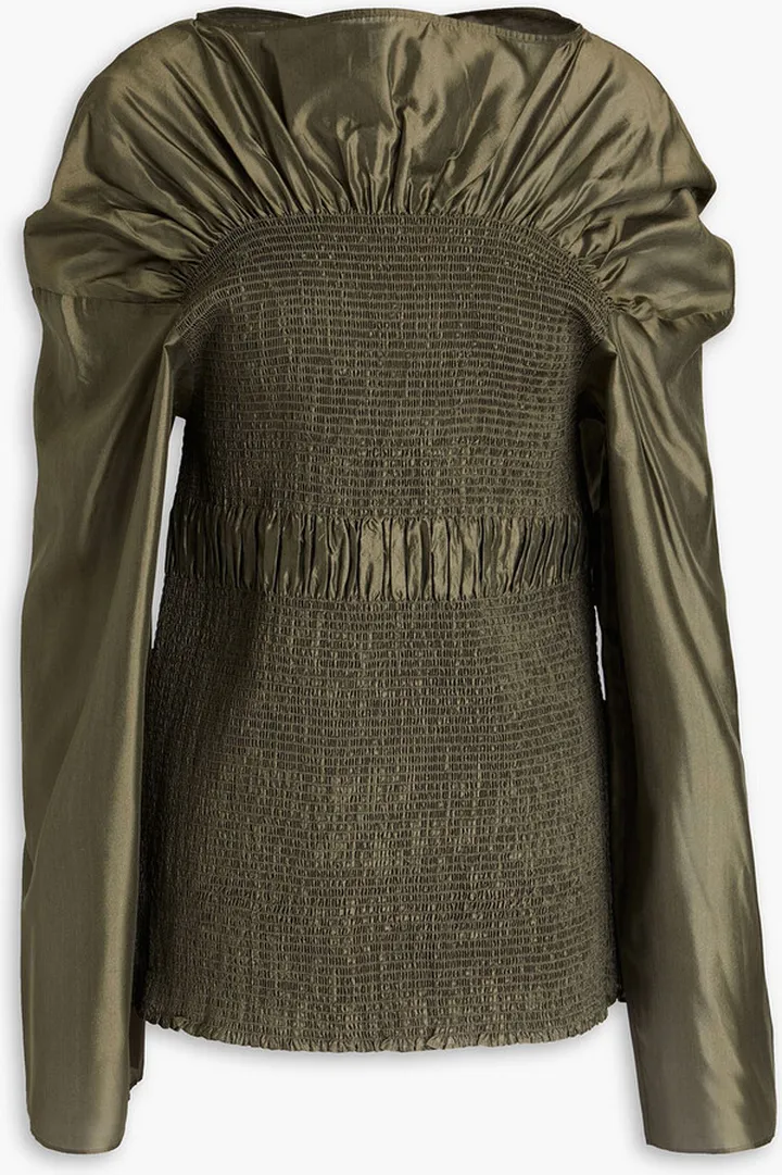 Smocked gathered silk-organza blouse