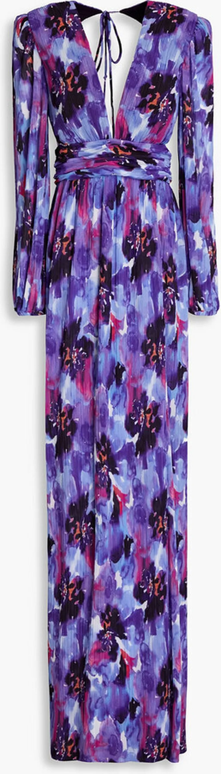 Floral-print plissé-chiffon gown