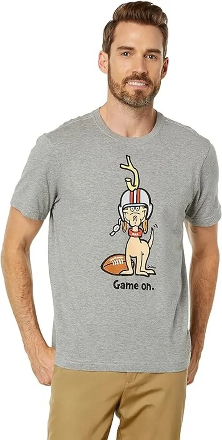 Life is Good Game On Football Max Short Sleeve Tee (Heather Gray) Men's Clothing