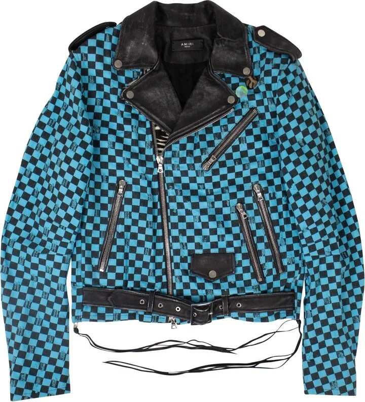 Black And Blue Checkered Denim Biker Jacket