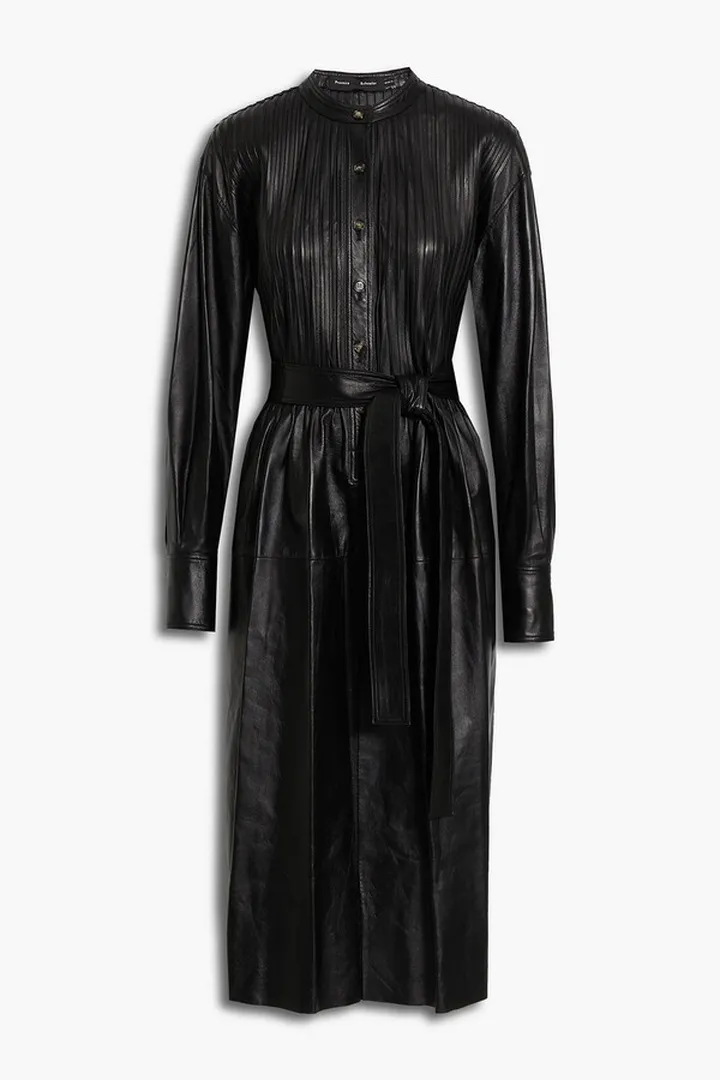 Belted pintucked leather midi dress
