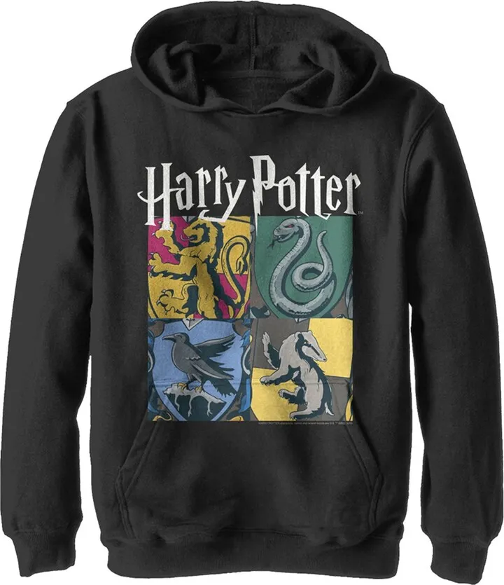 Boy's Harry Potter Hogwarts Houses Vintage Collage Pull Over Hoodie - Black - Large