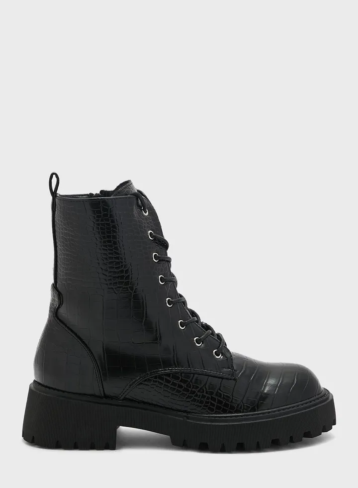 Croco Lace Up Angle Boots