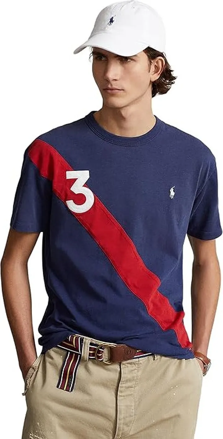 Polo Ralph Lauren Classic Fit Banner-Stripe Jersey T-Shirt (Blue) Men's Clothing
