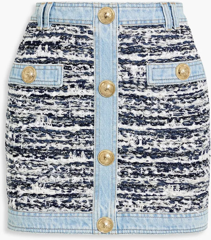 Embellished bouclé tweed-paneled denim mini skirt