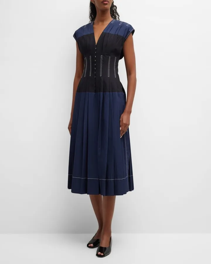 Pleated Cap-Sleeve Cotton Poplin Midi Dress