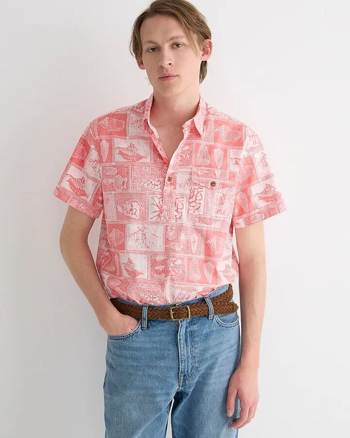 Wallace & Barnes short-sleeve slub cotton popover shirt in print