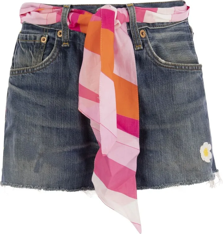 Denim Shorts With Embroidery And Scarf
