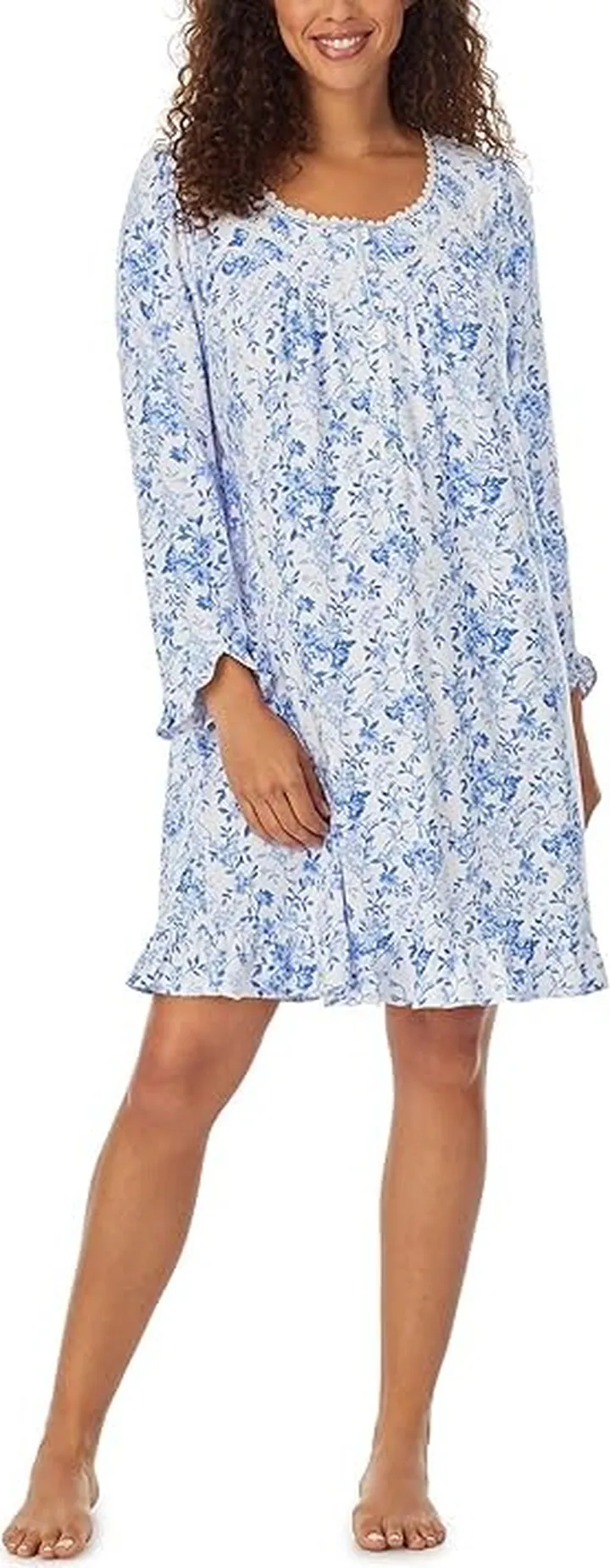 Eileen West Long Sleeve Sweater Knit Gown (White Blue Floral) Women's Pajama