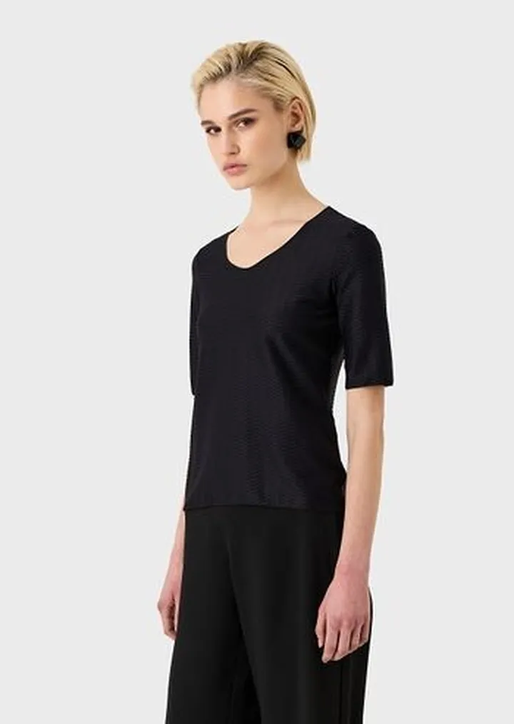 Stretch jacquard nylon V-neck jumper