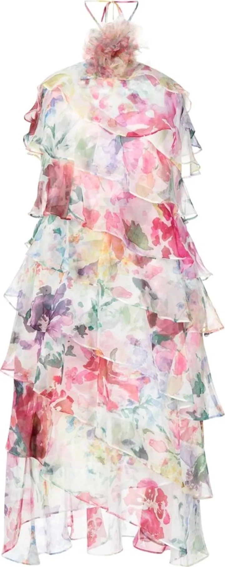 Ruffle-Detail Floral Chiffon Midi Dress