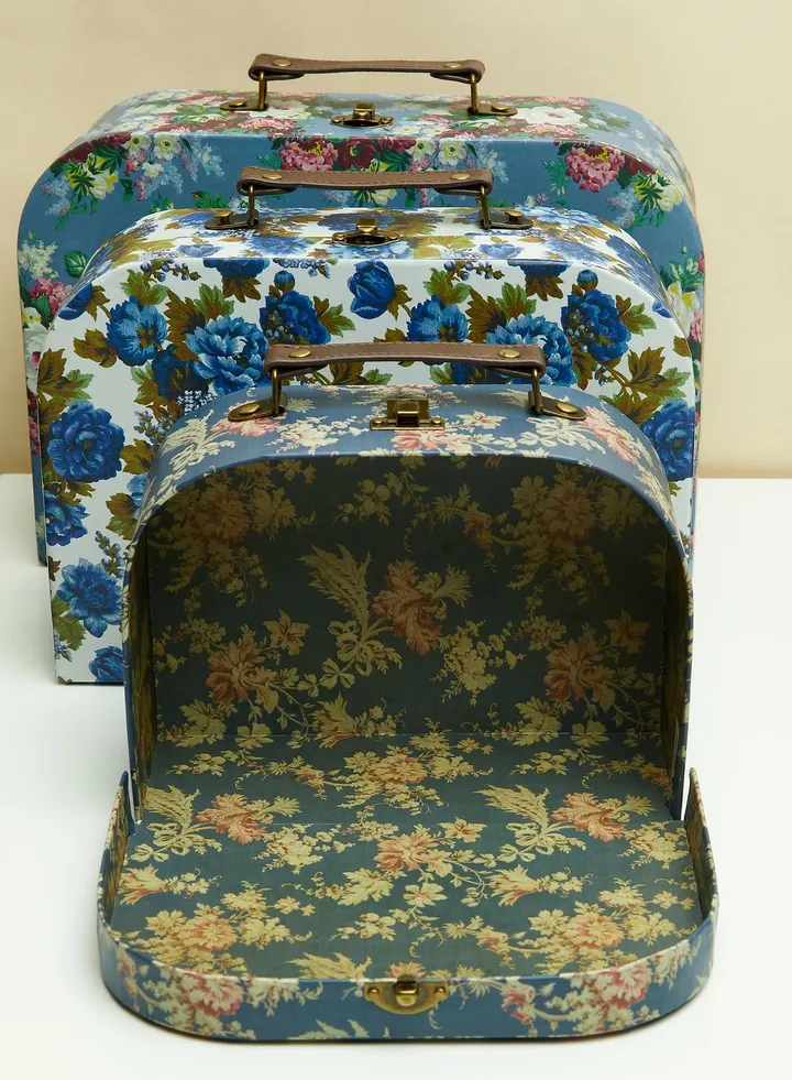 Set Of 3 Delphine Blue Vintage Rose Suitcases