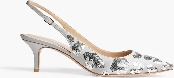 Sequin-embellished satin slingback pumps