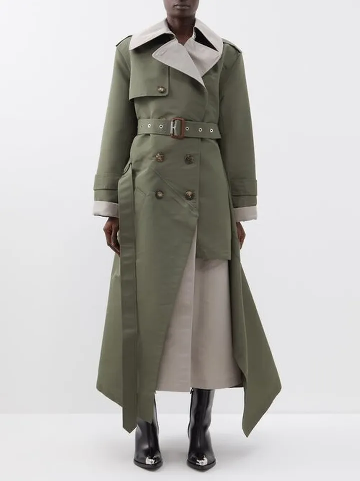 Asymmetric Belted Faille Trench Coat