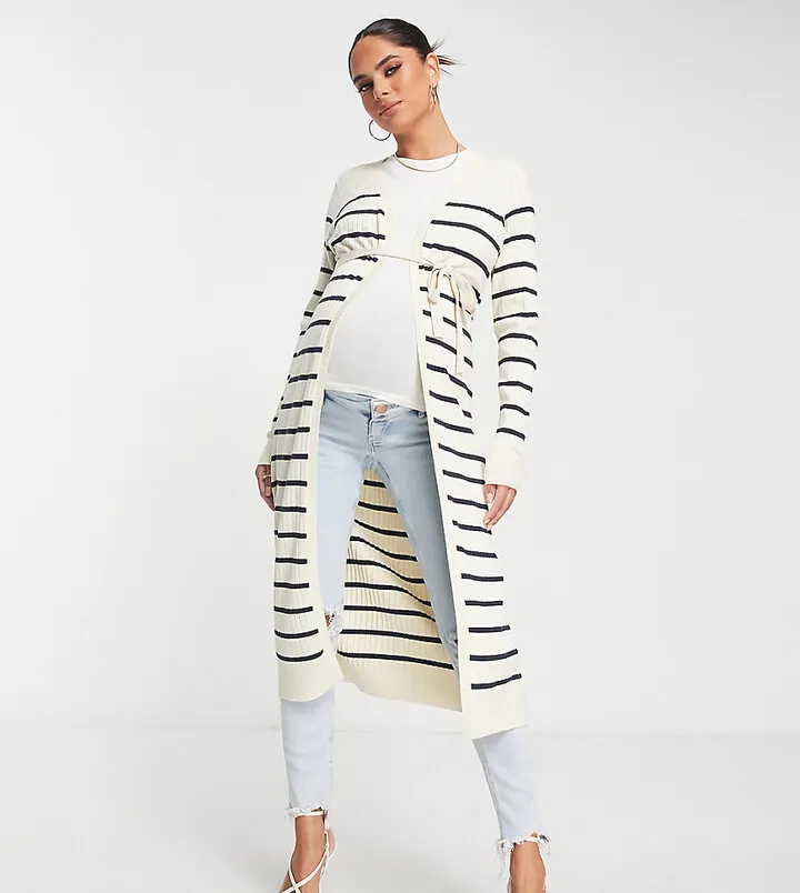 Mamalicious Maternity longline wrap belted cardigan in stripe
