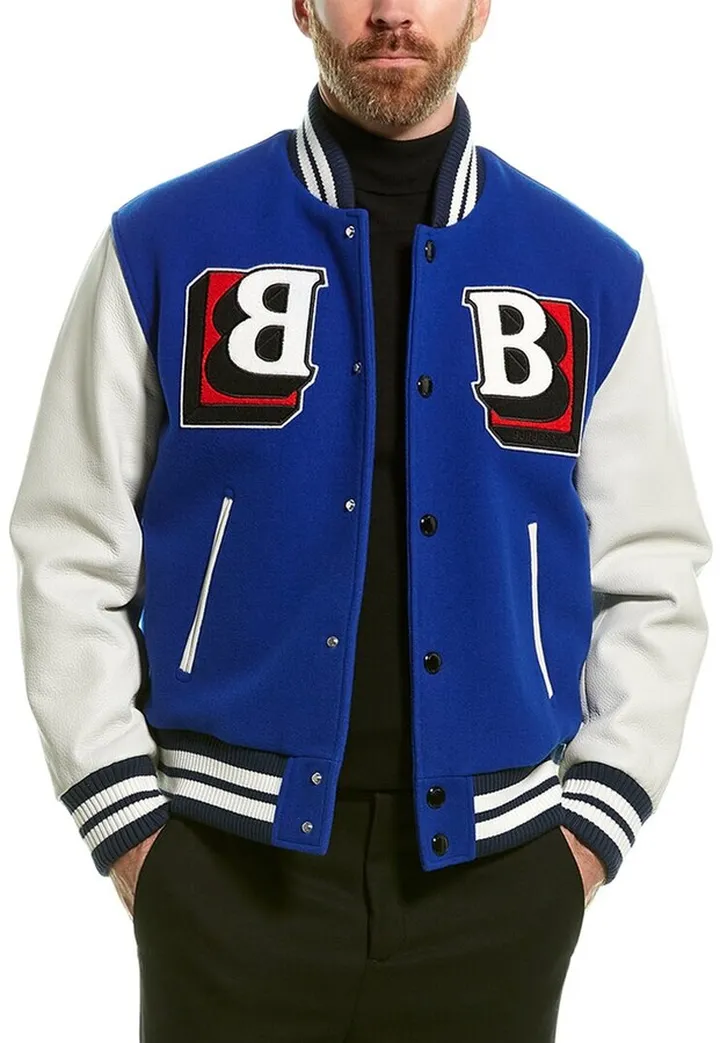 Burberry Leather Sleeve Wool-Blend Bomber Jacket