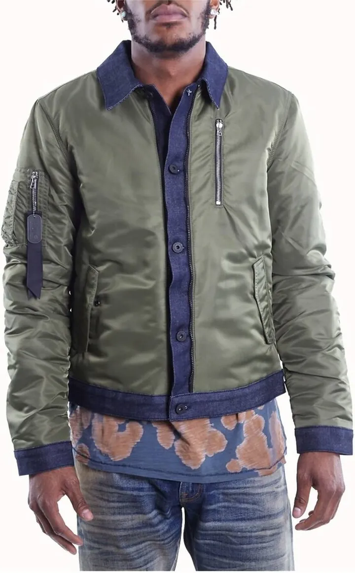 Men'S Combo Bomber Jacket in Olive Denim