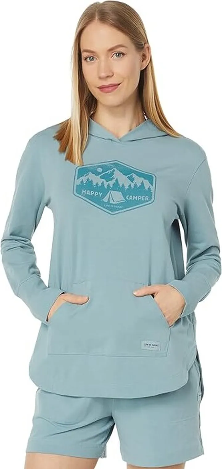 Life is Good Happy Camper Badge Crusher-Flex Hoodie Tunic (Smoky Blue) Women's Clothing