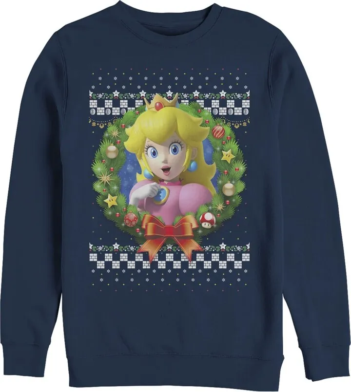 Men's Nintendo Christmas Peach Wreath Sweatshirt - Navy Blue - Large
