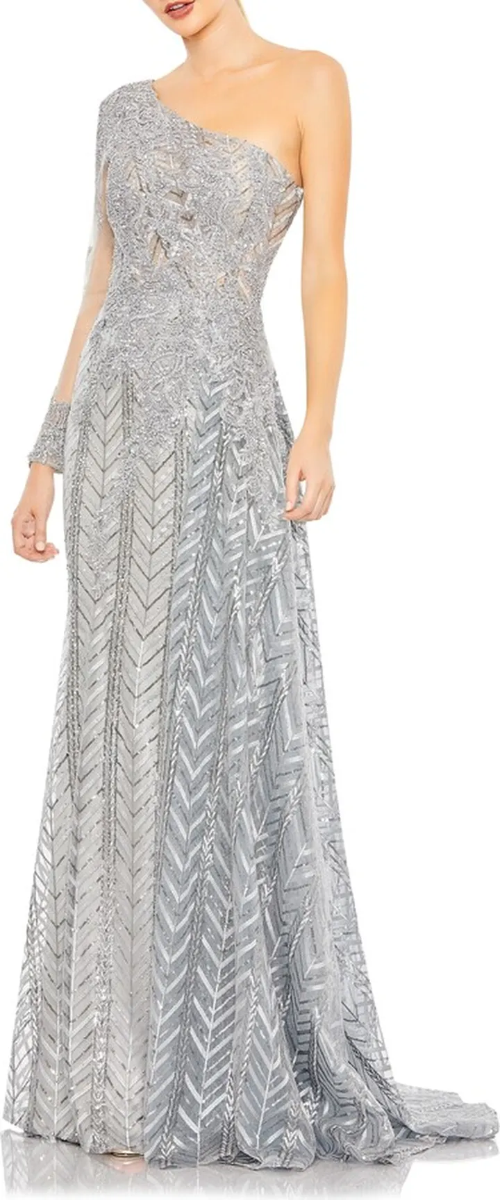 Embellished Long Sleeve One-Shoulder Gown