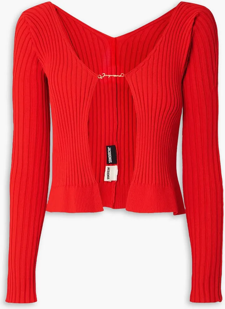 Embellished ribbed-knit cardigan