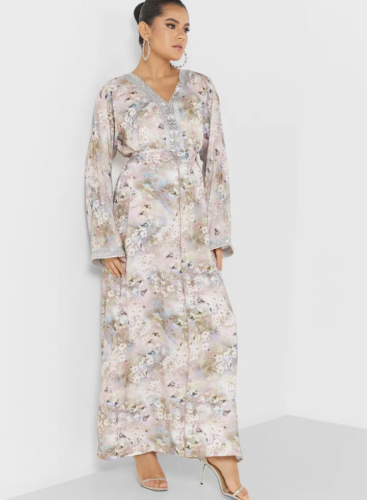 V-Neck Floral Print Jalabiya
