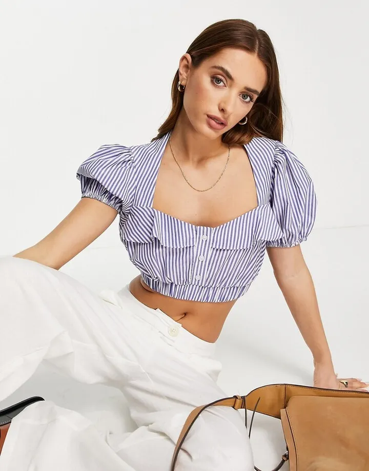 Topshop stripe corset short sleeve poplin top in blue