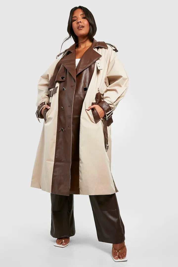 Plus Contrast Faux PU Leather Trench Coat