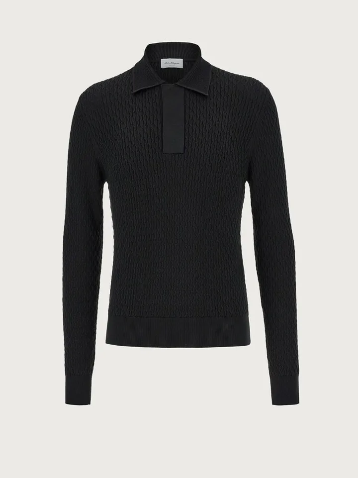 Ferragamo Men Long sleeved jacquard polo Black