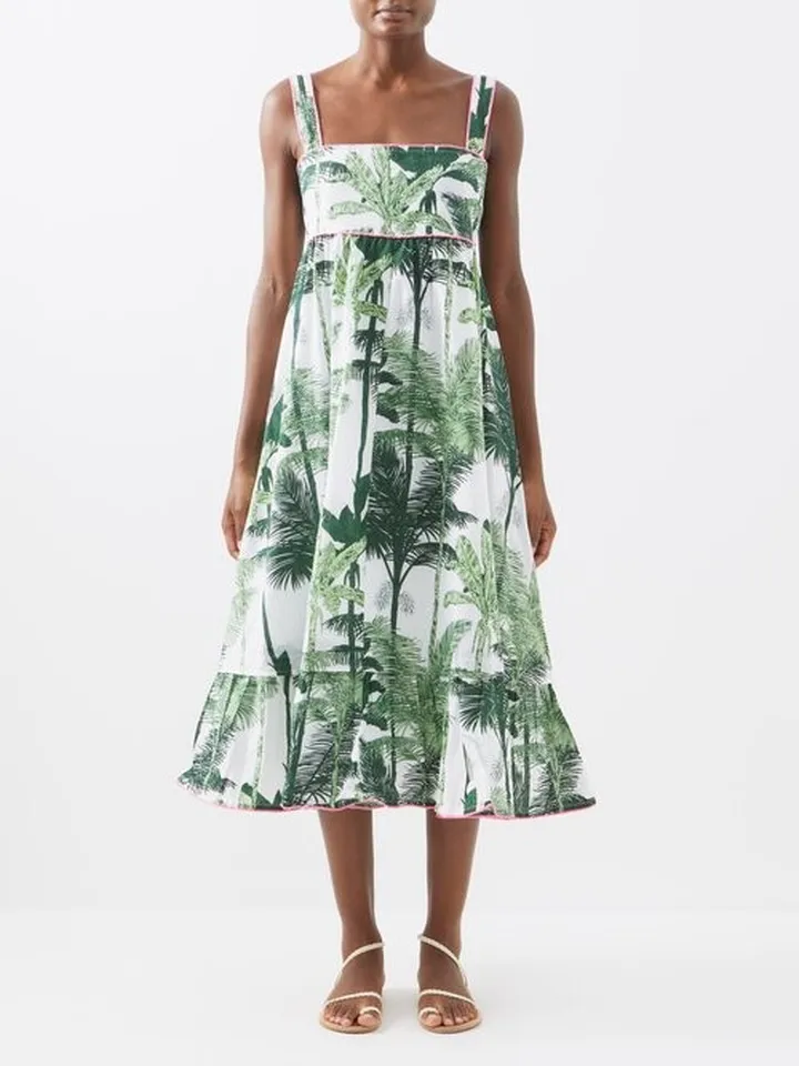Palm-print Cotton Midi Dress