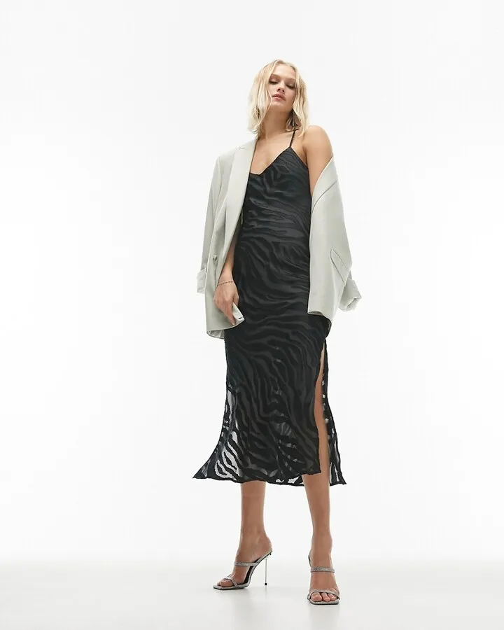 Topshop sheer burn out animal midi slip dress in black